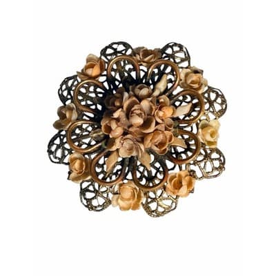Vintage Floral Filigree Brooch Gold Tone 3D Flower Statement Pin Large