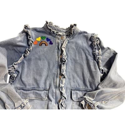 Veveret Upstyled 80's Friends Cartoon Graphic Ruffle Trim Jacket Blue Size Small