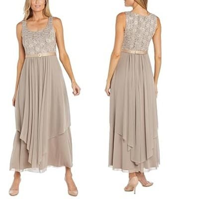R&M Richards Floral Lace Chiffon Elegant Evening Sleeveless Dress Beige Size 14