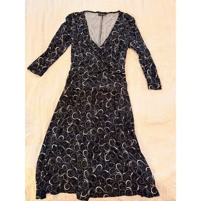 Kay’s Studio Tie Back Wrap Dress Black White Scroll Print Long Sleeve Size Small