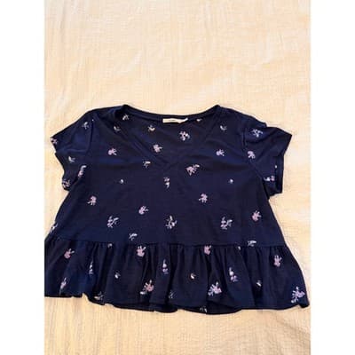Francesca's Mi Ami Babydoll Peplum Floral Embroidered Crop Top Navy Blue Large