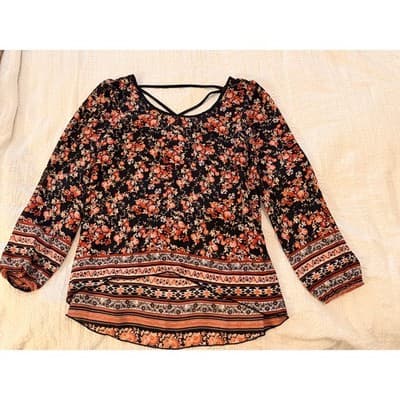 Society Girl Women’s Floral Boho Long Sleeve Tribal Border Top Size Medium
