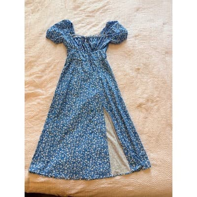 SHEIN Floral Print Square Neckline Puff Sleeves Midi Dress Blue White 2