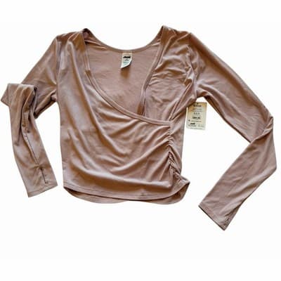 AVIA Women’s Wrap Front Long Sleeve Active Top Beige Ruched Stretch Size M NWT