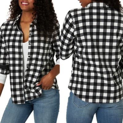 Rider Woman's Button Up Fleece Buffalo Plaid Long Sleeve Shirt Black XXL