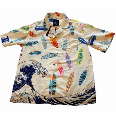 Spicy Tuna Hawaiian Shirt Surfboard Wave Print Button Up Short Sleeve Men L NWT