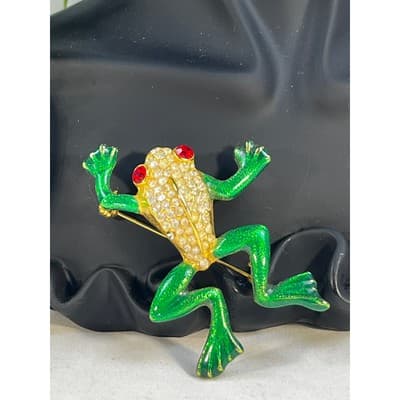 Vintage Jewelry Frog Toad Green Brooch Pin Gold Tone RARE 2.5"