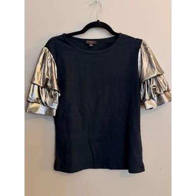 Current Air Metallic Crew Neck Pull Over Tiered Ruffle Sleeves Top Black S NWOT
