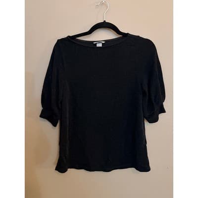 H&M Women's Jersey Crepe Puff Short Sleeve Boat Neck Blouse Black Small NWOT