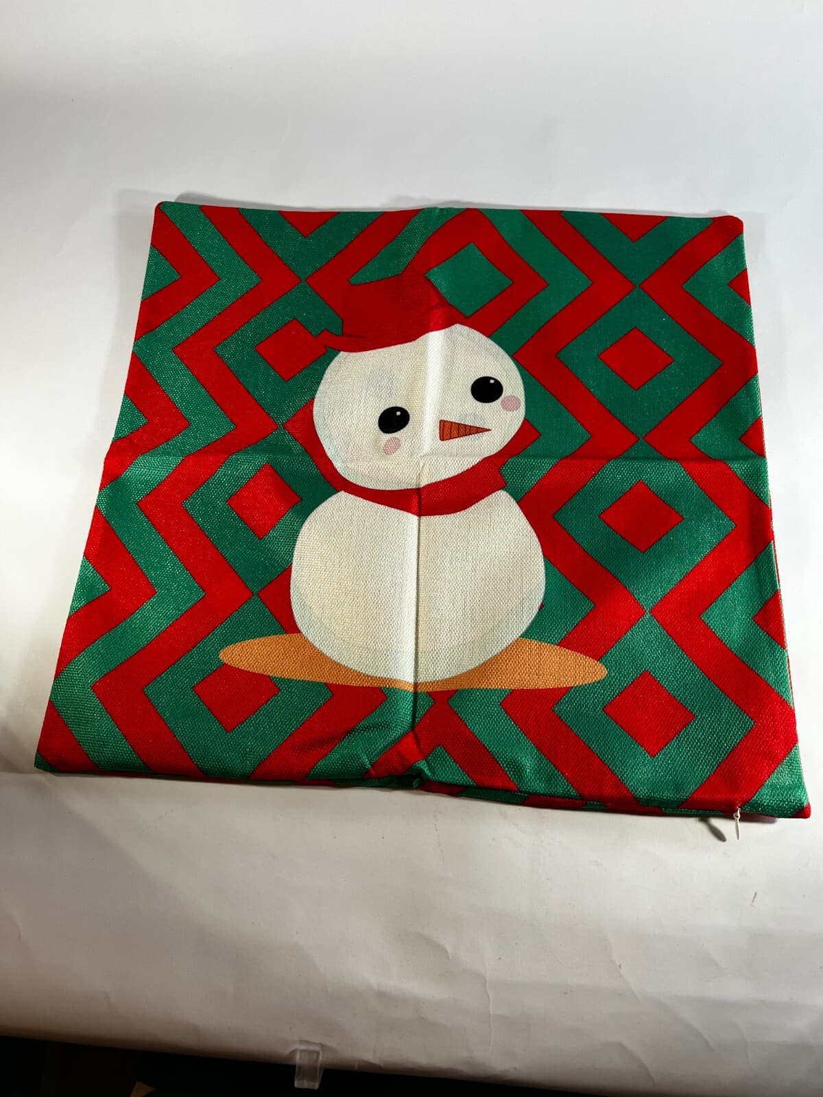 Christmas Pillow Cover Zipper Canvas Fabric Holiday Square Snowman Green Red NEW