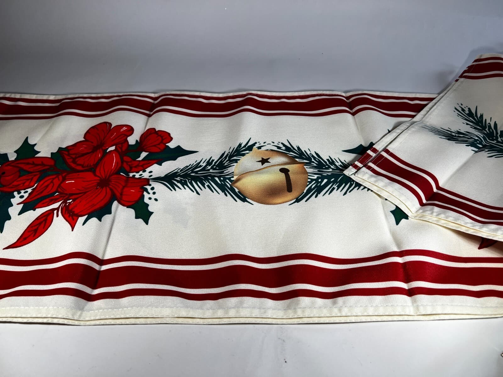Holiday Table Runner Poinsettia Bells Red Gold Christmas Cloth 6 ft Softalker