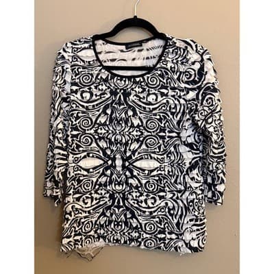 Notations Ruffle Row Blouse Women’s Small Black White 3/4 Sleeve Pull Over Top