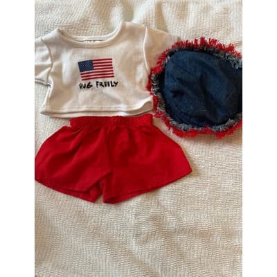Build-A-Bear BABW Outfit Patriotic Red White Blue Hug Freely Top Shorts Hat Jean