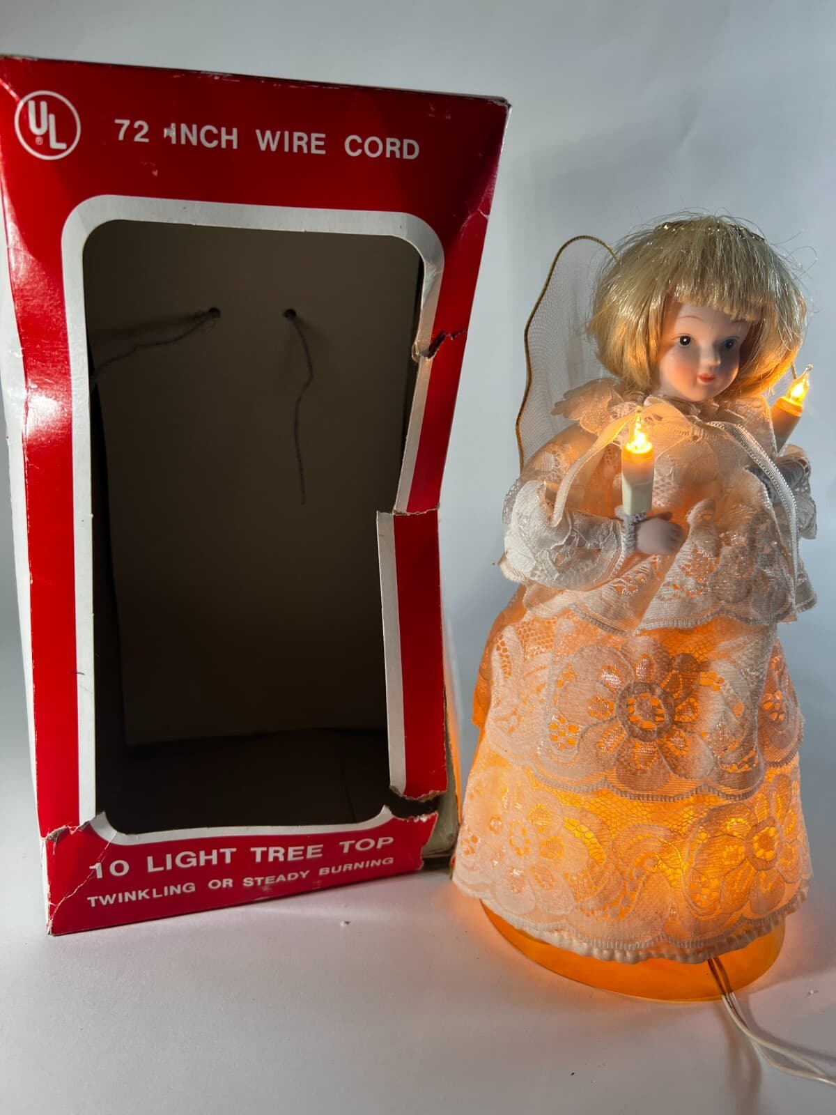 Vintage Lighted Angel Christmas Tree Topper Works Porcelain Face in Original Box
