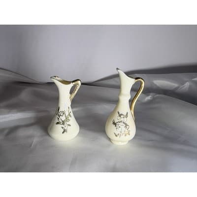 Set of 2 Vintage Porcelain Ivory and Gold Miniature Vases Pitchers Glassware