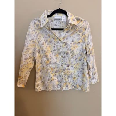 Alfred Dunner Petite Blouse Gray Yellow Print Button Front Quarter Sleeve Small