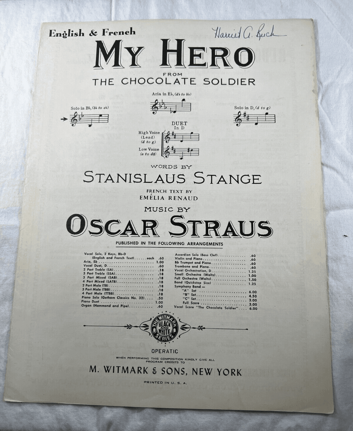 Vintage Sheet Music 1949 My Hero The Chocolate Soldier English & French Straus