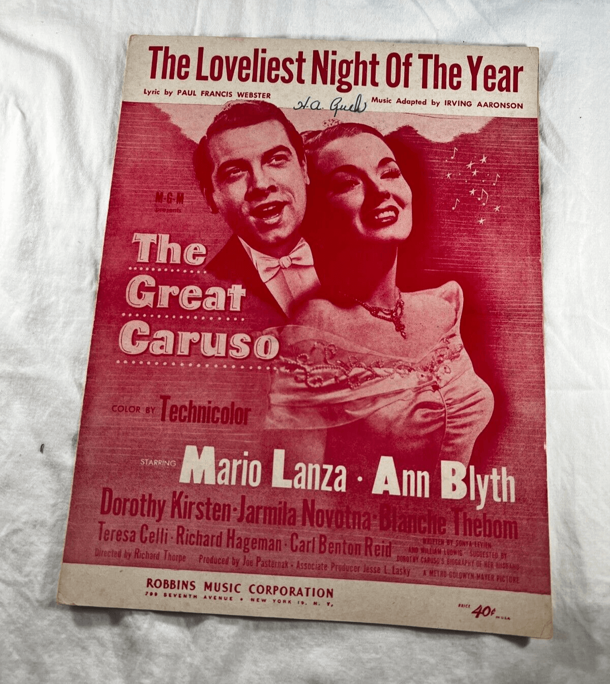 Vintage Sheet Music 1951 The Loveliest Night of The Year Great Caruso MGM