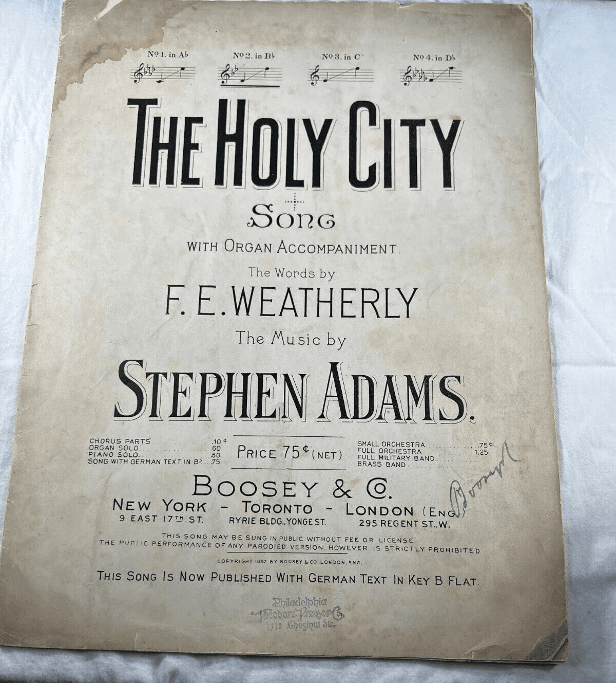 Vintage Sheet Music 1892 The Holy City Antique Weatherly Boosey Stephen Adams