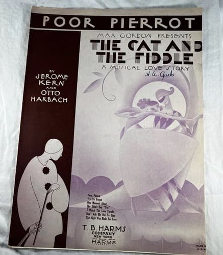 Vintage Sheet Music 1931 Poor Pierrot Cat and The Fiddle Musical Love Story Kern