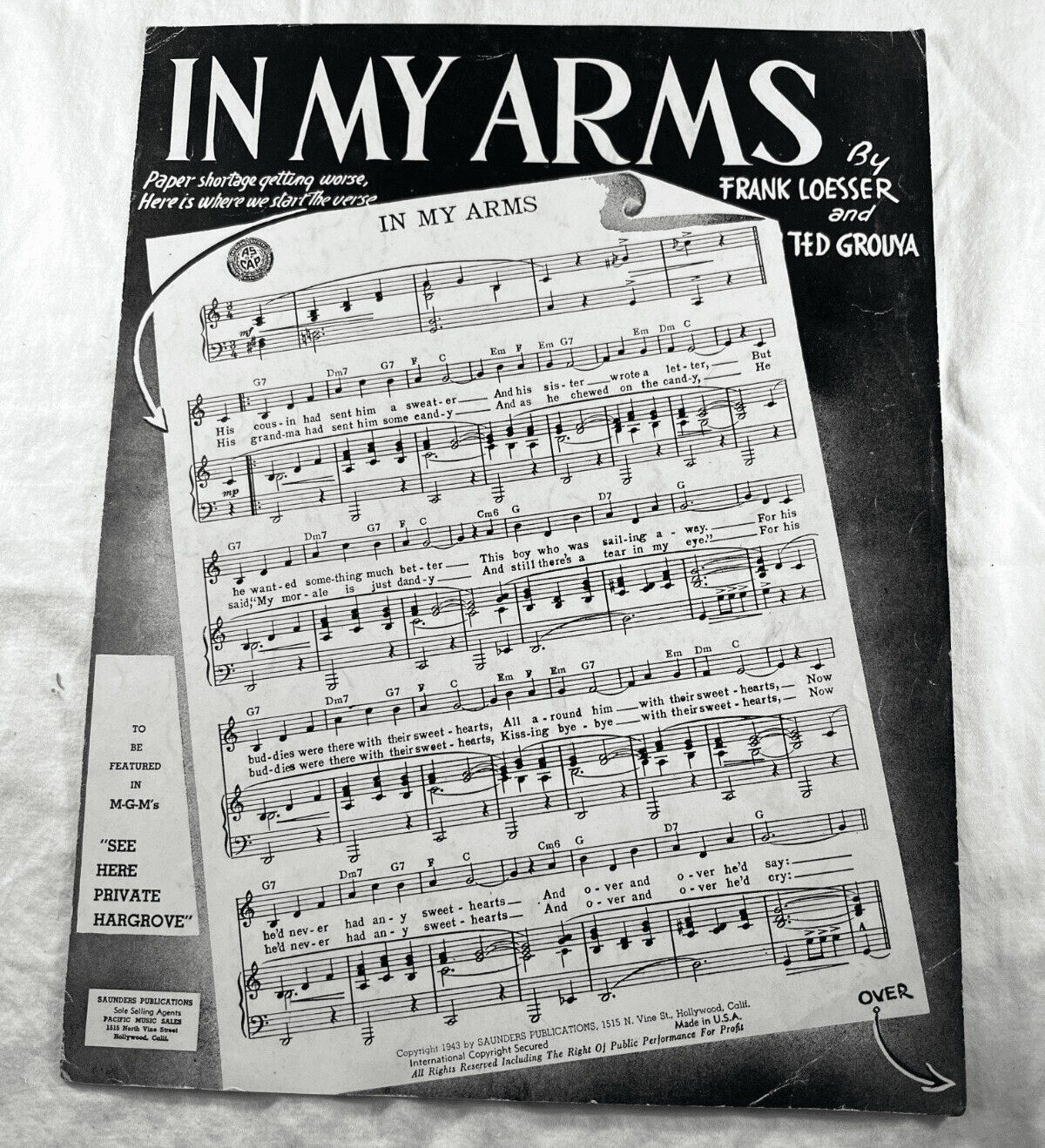 Vintage Sheet Music 1943 In My Arms MGM Private Hargrove War Military WWII