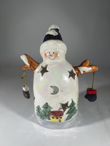 Vintage Christmas Snowman Ceramic Tea light Holder Mittens Stars Moon Whimsical