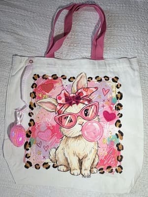 Easter Bunny Pink Bubble Canvas Tote Custom Design Embellish OOAK Basket Bag NEW