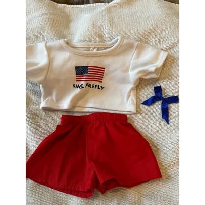 Build A Bear Workshop White Flag T-Shirt Red Short July 4th Patriotic Clothing