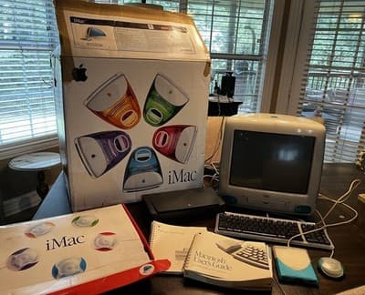 Vintage 1st Ed Apple iMac G3 Bondi Blue Mac PC Mouse Drive Complete Box WORKS