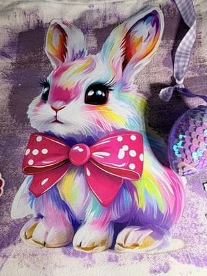 Easter Bunny Purple Cute Canvas Tote Custom Design Embellish OOAK Basket Bag NEW