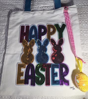 Easter Bunny Sequin Blue Canvas Tote Custom Design Embellish OOAK Basket Bag NEW
