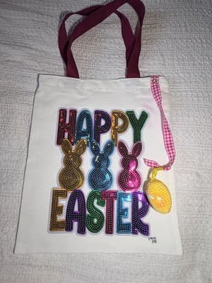 Easter Bunny Sequin Red Canvas Tote Custom Design Embellish OOAK Basket Bag NEW
