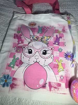 Easter Bunny Pink Egg Canvas Tote Custom Design Embellish OOAK Basket Bag NEW