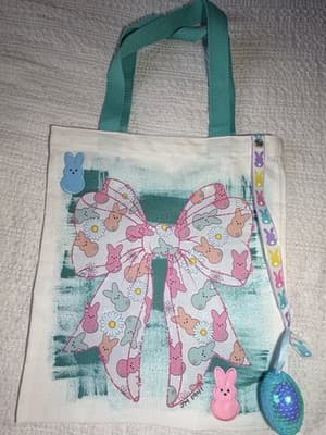 Easter Peeps Bow Blue Canvas Tote Custom Design Embellish OOAK Basket Bag NEW