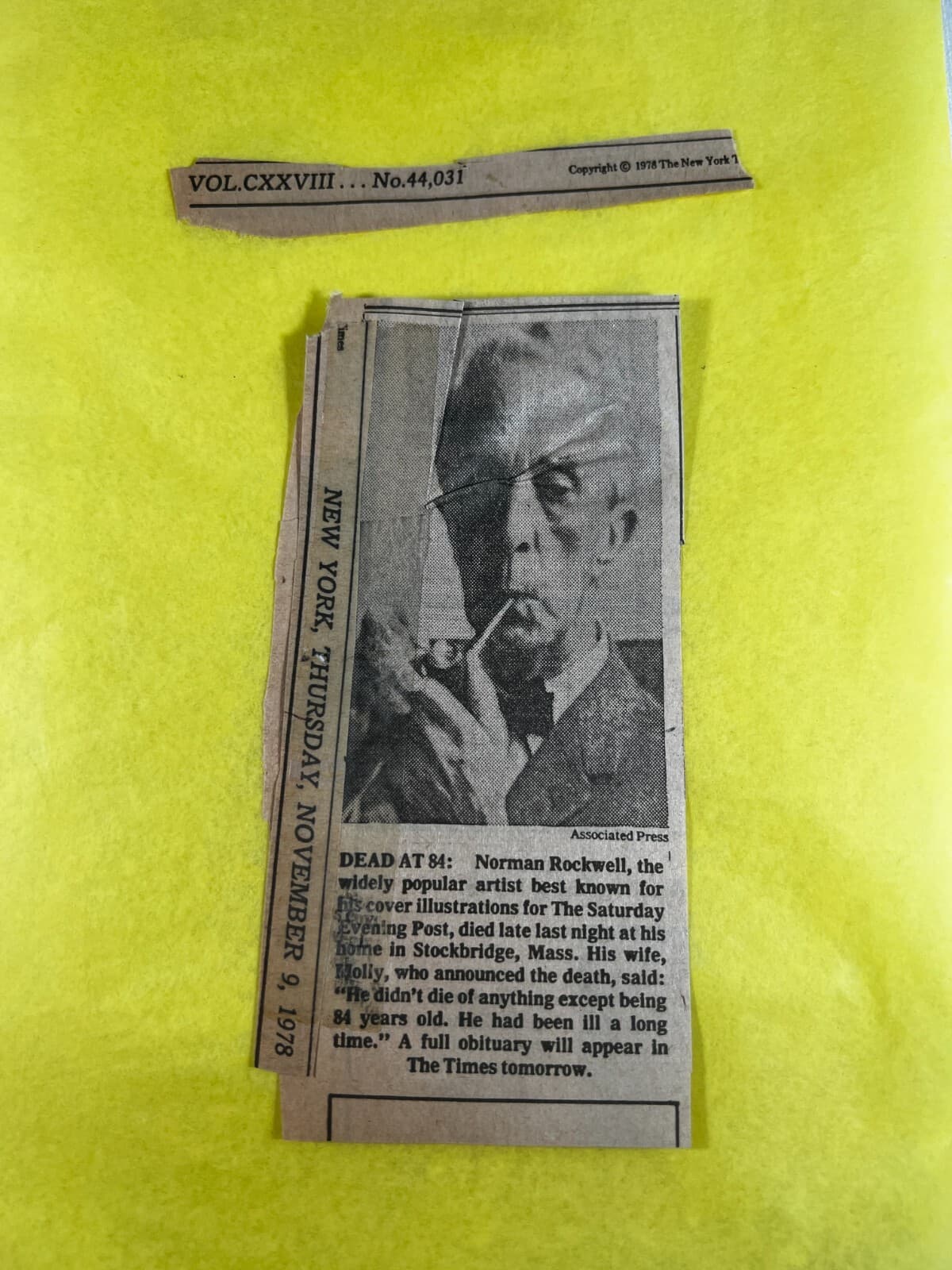 1978 Norman Rockwell Obituary Death Announcement NY Times Ephemera Vintage Rare