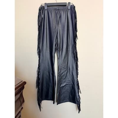 Women’s Faux Leather Fringe Wide Leg Pull On Boho Festival Pants Black M