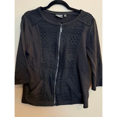 Onque Black Rhinestone Zip Blouse Crochet Trim Three Quarter Sleeve Small EUC