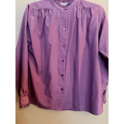 Debut Vintage Style Button Down Ruffled Collar Gathered Detailing Top Purple 12