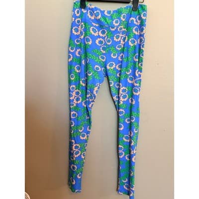 LuLaRoe Floral Spring Summer Wide Waistband Leggings Blue Green Tall Curvy