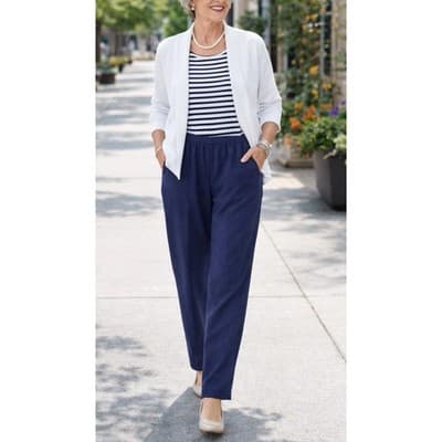 Alfred Dunner Women Pull On Pants Navy Elastic Waist Petite 14 Straight Leg EUC