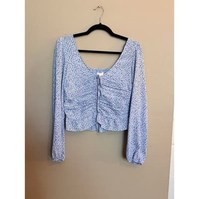 H&M Floral Smocked Ruched Off Shoulder Long Balloon Sleeves Crop Top Blue S