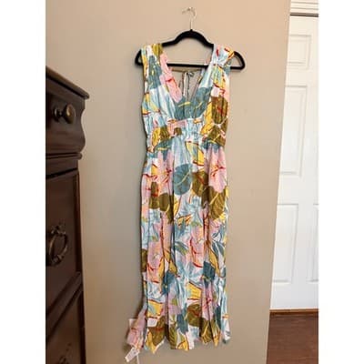 Blue Island Tropical Print Midi Dress Cover Up V Neck Multicolor Medium