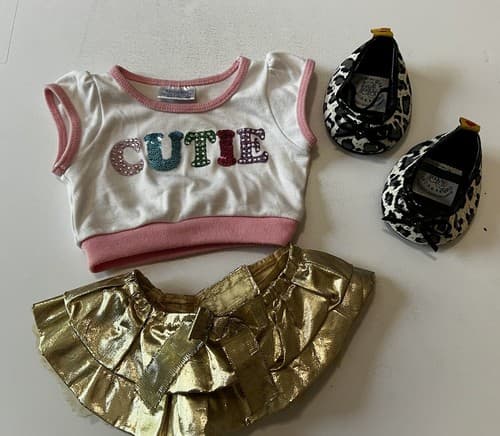 Build A Bear Vintage Cutie Shirt Gold Ruffle Skirt Shoes Rare Teddy Clothes BABW