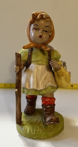 Hummel Type SIGNED Figurine of Girl with Walking Stick and Basket Flowers Large