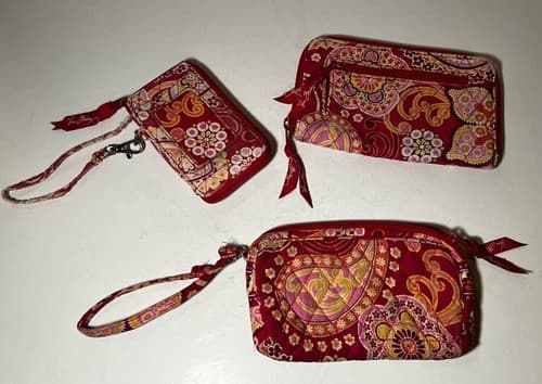 VERA BRADLEY Hot Pink Orange Yellow Paisley Quilted Set 3pc Wallet Bag Set