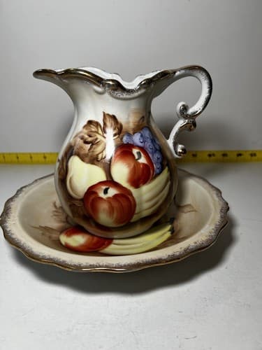 Vintage Porcelain Pitcher and Bowl Wash Basin Set Hand painted Fruit Kitchen