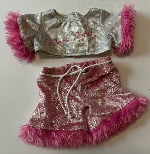 Build A Bear Vintage Rock Star Sequin Furry Trim Silver Rare Teddy Clothes BABW