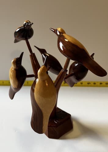 Folk Art Wood Carved Birds on a Tree Vintage Early 20th Century Sculpture Retro