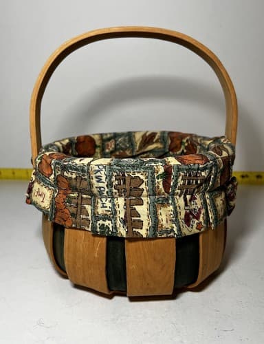 Vintage Wooden Basket Bent Wood Handle Cloth Lined Harvest Nailed Bottom