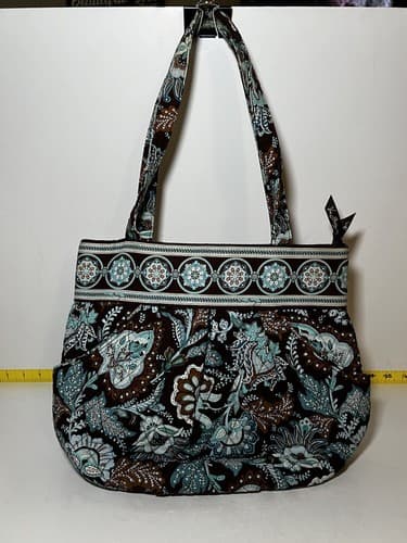 VERA BRADLEY Turquoise Blue Brown Petals Quilted Floral Tote Shoulder Bag Purse